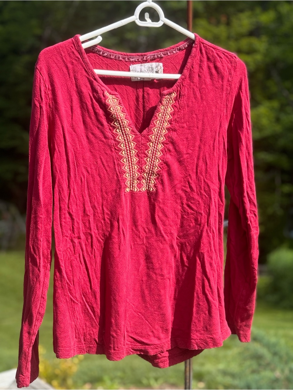 Aventura Cranberry Red Long-Sleeve Embroidered V-Neck Top
